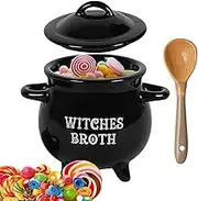 Black Soup Dipping Bowl | Witch Cauldron | Halloween Ceramic Stew Crock, Family Gathering, Stew Crock with Spoon, Halloween Kitchenware, Ceramic Dipping Bowl for Parties