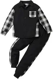 [HEOXIN] Children's Boys' Checked Clothing Set, Sweatshirt + Trousers, 2-Piece Set, Long Sleeve Button Tops with Pocket, Elastic Sweatpants, Children's Clothing for 6-12 Years, Red/Black/Brown
