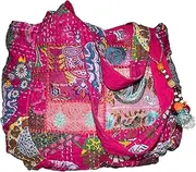 [Tribe Azure Fair Trade] Pink Embroidered Boho Hippie Women Fashion Shoulder Bag Large Roomy Comfortable Tote Market Laptop, Pink, Large