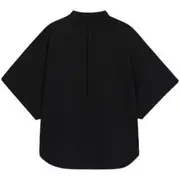 Elbow-Sleeve Stand Collar Plain Shirt Black - L