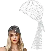 AWOCAN Mesh Rhinestone Headband Hats for Women Glitter Elastic Wide Headscarfs Crystal Hair Wraps Scarf (WHITE)