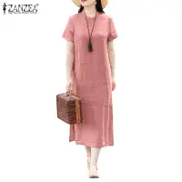 在飛比找蝦皮商城優惠-Zanzea 女式韓版短袖立領棉麻刺繡旗袍連衣裙