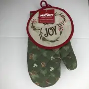 Disney’s Mickey Mouse Holiday Joy Oven Mitt Potholder 2-Piece Set NWT Red Green
