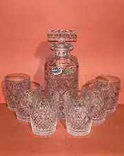 Vintage BOHEMIA CRYSTAL CZECH REPUBLIC HAND CUT Whiskey DECANTER SET Of 7