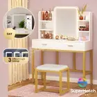 Dressing Table Stool Set Makeup Mirror Storage 2 Drawers LED Lighted White