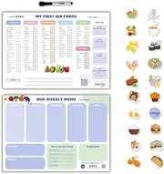 CATCHY - My First 100 Foods Tracker + Our Weekly Menu Set - 1 Magnetic Whiteboard Checklist, 1 Food Planner, 20 Fridge Magnets + 1 Marker - For Introducing Solids & Weekly Meal Planning - Reusable