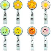 4 Pcs Retractable Smiley Face Badge Reel and 4 Pcs Sunflower Flower Nurse Badge Reel ID Badge Reel Name Tag Reel Clips Lanyard Accessories for Office School 8 Pcs in All