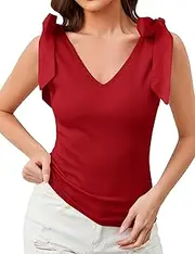 [Ymejia] Women's Bow Tie Shoulder Strap Knit Tank Tops V Neck Slim Fit Casual Tie Strap Sleeveless Knit Tops Camisoles
