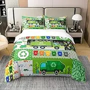 Cotton Cartoon Garbage Truck Duvet Cover,Colorful Trash Can Cute Green Cars Comforter Cover (Not Comforter),Watercolor Abstract Stripes Geometric Art Comforter Cover 2 Pcs with 1 Pillowcase Twin
