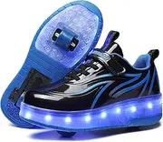 [Sily Life] Unisex Children's USB Rechargeable LED Light Skateboard Shoes with Double Wheel Wheels Fitness Shoes Gymnastics Outdoor Sports Running Trainers, Black809, 35 EU