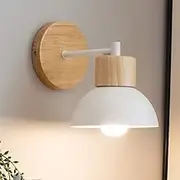 Mengjay Modern E27 Base Wall Sconce Lamp Wooden Wall Lights Contemporary Lighting Fixtures Metal Lamp Shade for Living Room Bedroom Kitchen Dining Room (White)