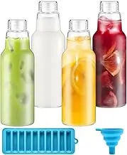 1L Glass Juice Bottles with Ice Cube Tray, 4 Pack Borosilicate Glass Water Bottles with Lids, Food Grade Drink Jars for Juice, Smoothies, Water, Milk, Beverage, Dishwasher Safe