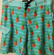 Maui & Sons Mens Pineapples Print Swim Pool Trunks Shorts Pocket Blue Sz 34 NWT