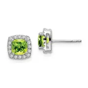14k White Gold Cushion Peridot and Real Diamond Halo Earrings