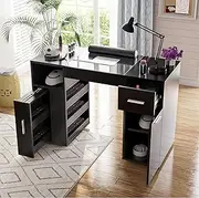 [ADVWIN] Manicure Table, Nail Tech Desk with Dust Collector, Glass Top Nail Table Station with Dust Bag & Wrist Rest, Beauty Salon Workstation w/Drawers Shelves Storage Cabinet, Lockable Wheels (Black)