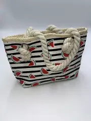 Girls WATERMELON Striped Mini Tote Bag Zip Closure Rope Handles Canvas Lined NEW