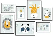 Hyggelig Home Premium Poster Set for Children – 7 Matching Pictures in Stylish Set – Children's Room Baby Decoration – 3 x DIN A3 + 4 x DIN A4 – Giraffe Set