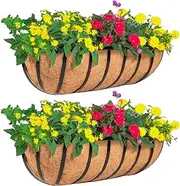 ZVOWOS 2 Pack 30" Railing Planter Window Box with Coco Fiber Liner Horse Trough Planter The Railing Planter Boxes for Deck Porch Fence Outdoor