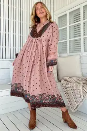 JAASE - Boheme Midi Dress: Long Sleeve Piping Defined Bust Slimline Smock Dress in Seraphina Print