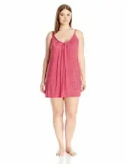 Oscar de la Renta Plus Size Lace Trimmed Ruffled Neck Chemise Red Size 3X