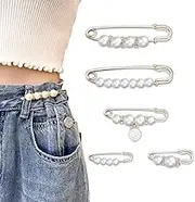 5 Pcs Fashion Pearl Brooch,Sweater Shawl Clip Double Faux Pearl Brooches Waist Pants Extender Safety Pins