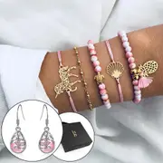 Boxed Bohemian Multi Layered Charm Bead Bracelet and Hoop White Gold Plated Earrings Set - Pink