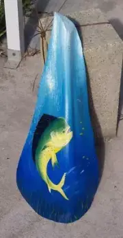 Mahi fish hand painted and carved from Palm tree frond beach animal art