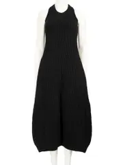 Black Wool Knit Pocket Midi Dress