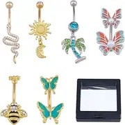[NICENEEDED] 6 PCS Belly Buton Rings, Stainless Steel Belly Button Ring for Women, Dangle Belly Button Rings Butterfly Cubic Zirconia Body Belly Jewelry