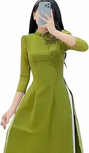 [HOADINH5953] Vietnamese Traditional Ao Dai, High Collar, 4 Sides, 2 Front, 2 Back. Floral Applique Pattern. Ao Dai and Pants