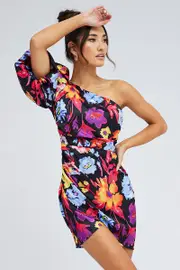 Multi Floral One Shoulder Puff Sleeve Statement Mini Dress - Size 12, Women's Bodycon Dress