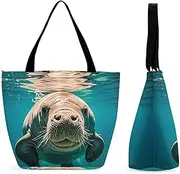 [QWNMD] Tote Bag for Women Shoulder Bag Manatee Animals Handbags for Travel Work Beach Bag Grocery Bag, Manatee Animals, One Size