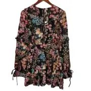 NWT Ted Baker Hendria Ruffle Trim Floral Long Sleeve Mini Dress Black Ted 0/US 2