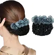Blue Lace Embroidery Flower with Crystal Hair Snood Net Barrette Elastic Hair Bun Cover Mesh Clip Thick Thin Hairnet Hair Accessories for Women Lady Dance Office Nurse