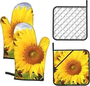 4 pcs Oven Mitts and Pot Holders Set 500°F Heat Resistant Oven Gloves and Hot Pads Kitchen Mittens Sunflowers Cooking Gloves Potholders for Baking Grilling