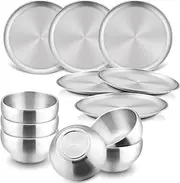 HaWare Kids Plates and Bowls, 12 Pieces Stainless Steel Dish Set, Reusable Dinnerware for Camping, Hiking, Travel, Picnic, Non-toxic Tableware set for Kids Self-feeding, Dishwasher Safe