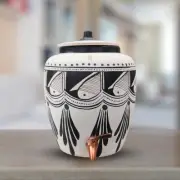 Mittify Handmade Earthen White Clay Water Pot with Lid & Metal Tap | Black Spade