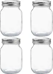 Glass Regular Mouth Mason Jars, 16 oz Clear Glass Jars with Silver Metal Lids for Sealing, Canning Jars for Food Storage, Overnight Oats, Dry Food, Snacks, Candies, DIY Projects (4PACK)