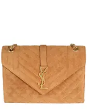 Saint Laurent Brown Suede Mixed Triquilt Small Monogram Envelope Flap Bag (Authentic Pre-Loved)