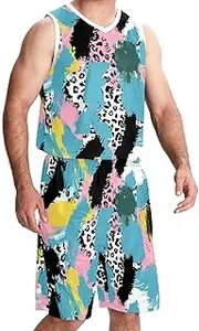 [KQNZT] Basketball Jersey for Men, Jersey Shorts Outfit Set, Men's Athletic Basketball Jersey, Colorful Leopard Pattern Fashion