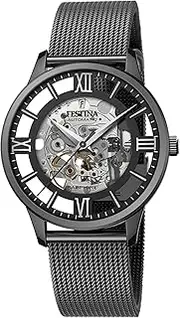 [Festina] Men's Automatic Skeleton | Black Mesh Bracelet | Black Dial F20535/1