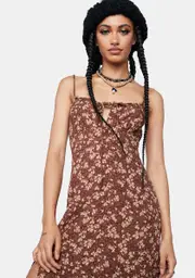 [Dolls Kill] Earthy Floral Brown Cypress Midi Dress