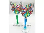 SORRENTO WINE GLASS PAIR - TURQUOISE AND GREEN - HAND PAINTED VENETIAN GLASS