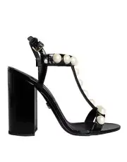 DOLCE&GABBANA Women Black Sandals Leather Pearls T-Strap Heels Shoes Size EU 38