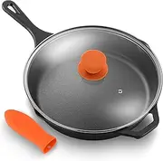 NutriChef 12-Inch Cast Iron Skillet w/Lid - Pre-Seasoned, Oven Safe, Nonstick, Cool-Touch Silicone Handle, for All Cooktops