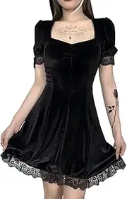 [Generic] Women's Gothic Punk Short Sleeves Lace Ruffle Skater Skirts Vintage A-line Halloween Party Cocktail Mini Dress Outfit