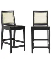 Walker Edison Set of 2 Transitional Solid Wood & Rattan Counter Stools