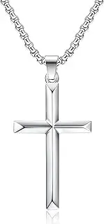 [Veylenix] Silver/Gold/Black Cross Necklace Beveled Edge for Men Women Stainless Steel Polished Cross Pendant Necklace for Boys with 60cm Chain Jewelry in Box