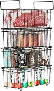 Gemsaya 4 Pack Chest Freezer Baskets, Stackable Freezer Organiser with Handles, Deep Fridge Organizer Bins with Handles, Wire Storage Basket for 198L Sort Frozen Foods (Black)