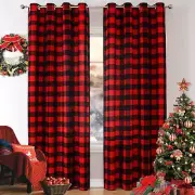 Red Buffalo Plaid Curtains 2 Panels,Christmas Red and Black Check Grommets Ro...